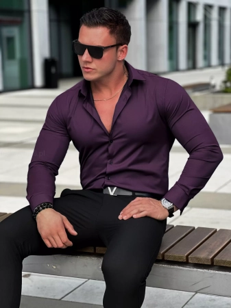 Koszula 99s elegancka męska, dopasowana Slim wizytowa śliwkowa