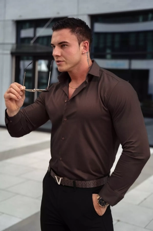 Koszula 98b elegancka męska, dopasowana Slim wizytowa brązowa