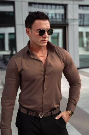 Koszula 97b elegancka męska, dopasowana Slim wizytowa brązowa