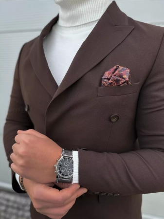 Marynarka dwurzędowa męska brązowa slim elegancka MD02 Premium