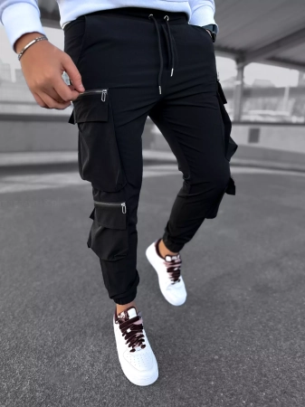 Spodnie dresowe bojówki męskie czarne joggery 5005c 