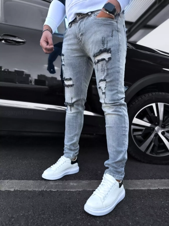 Jeansy męskie 952 szare spodnie z dziurami jeansowe SlimFit rozciągliwe