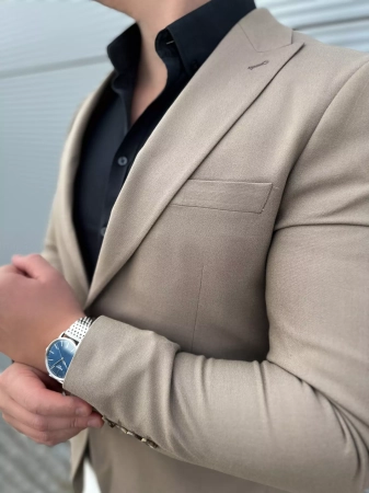 Marynarka męska slim elegancka klasyczna brązowa cappucino M10