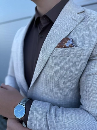 Marynarka męska slim elegancka beżowa w jodełkę M13 