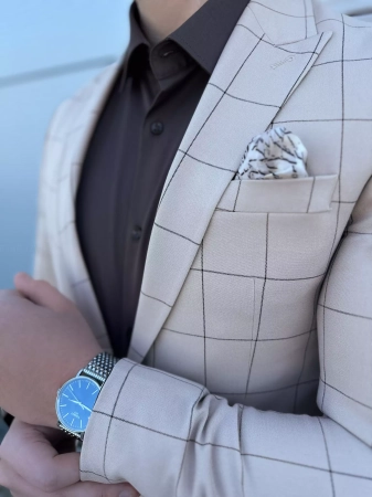 Marynarka męska slimfit elegancka beżowa w kratę M16