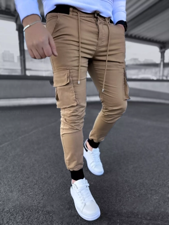 Spodnie joggery 208b bojówki brązowe z gumką w pasie
