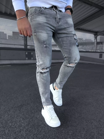 Jeansy męskie 957 szare spodnie  z dziurami jeansowe SlimFit elastyczne
