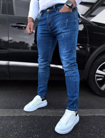 Jeansy męskie 13-61.1 ciemno niebieskie spodnie z przetarciami jeansowe SlimFit 