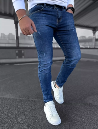 Jeansy męskie 13-61.1 ciemno niebieskie spodnie z przetarciami jeansowe SlimFit 