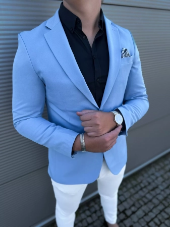Marynarka błękitna męska M100 slim fit elegancka dopasowana