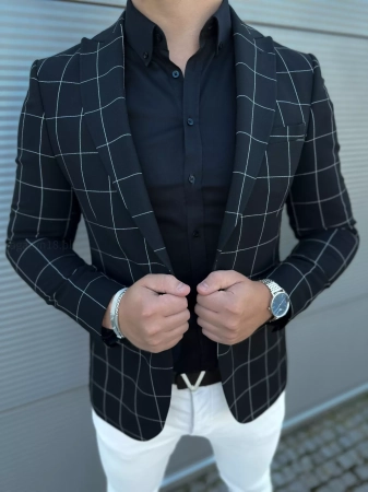 Marynarka czarna męska krata M101 slim fit elegancka dopasowana 